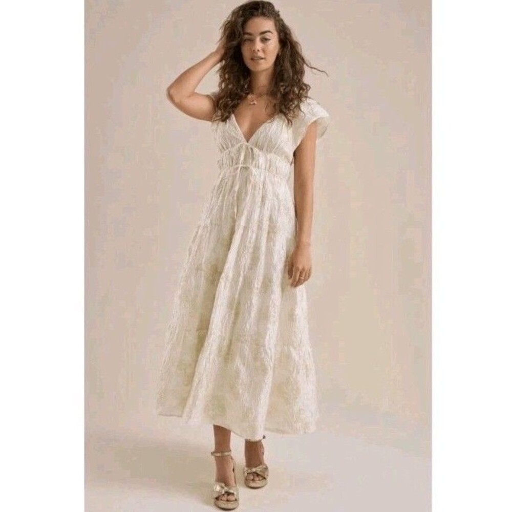 Altar’d State XS Athena Shimmer Maxi Dress Cream-Gold Women’s Summer Minimalist